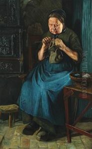 Interior With Old Knitting Woman by Emmery Rondahl