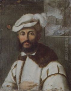 Portrait Of A Bearded Gentleman In A Fur-trimmed White Jacket And A Plumed Hat, Holding A Palm Frond, A Landscape Seen Through A Casement Beyond