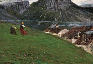 Two Figures On A Hillside Overlooking Village Roofs by Camillo, Millo Bortoluzzi