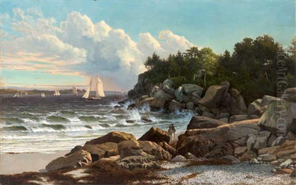 Rocky Shore Scene With Figures And Numerous Boats - view 1