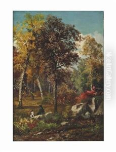 A Hunter And His Dog In A Fall Landscape