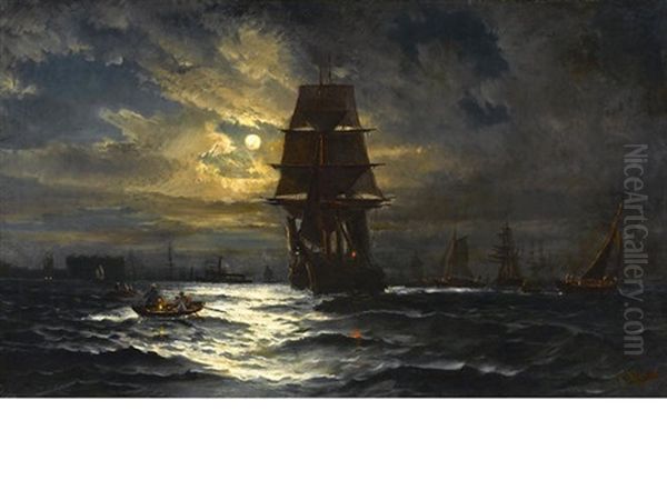Ships In New York Harbor At Night - view 1