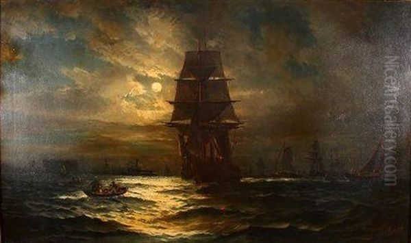 Ships In New York Harbor At Night - view 1