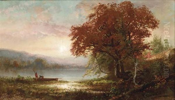 Sunrise Over A Lake With Figures And A Boat On Shore - view 1