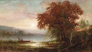 Sunrise Over A Lake With Figures And A Boat On Shore
