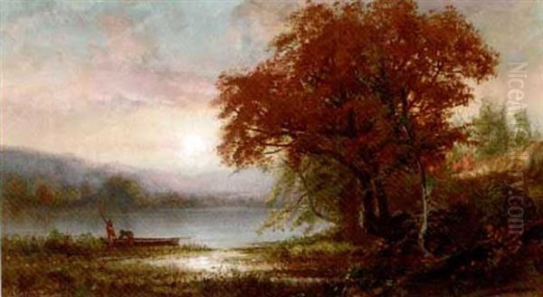 Sunrise Over A Lake With Figures And Boat Onshore - view 1