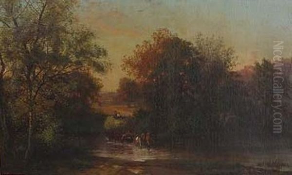 Landscape With Figures Crossing A River, Towing A Hay Cart With Team Of Oxen And A Horse - view 1