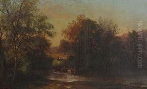 Landscape With Figures Crossing A River, Towing A Hay Cart With Team Of Oxen And A Horse by Frederick Rondel