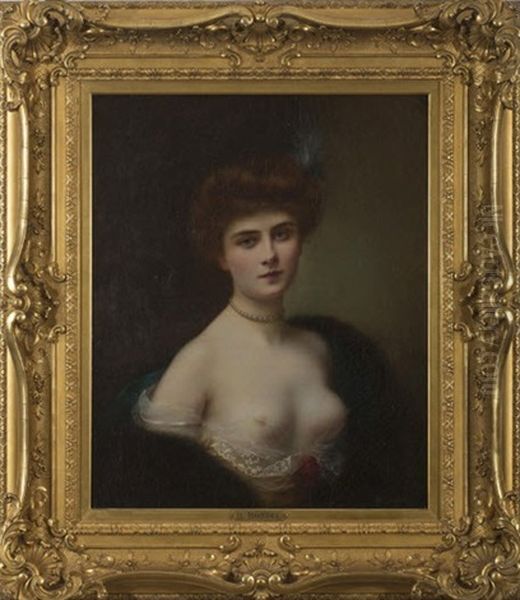 Portrait Of A Woman With Auburn Hair Wearing A Pearl Necklace, Low-cut Gown And Fur Wrap - view 1