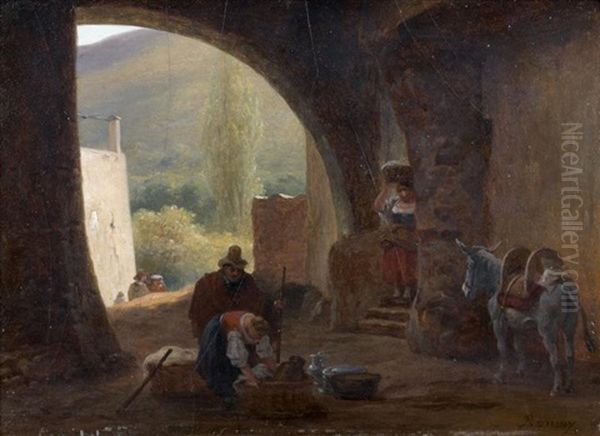 Une Lavandiere Et Un Voyageur Faisant Halte Entre Deux Escaliers - view 1