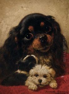 Cavalier King Charles With Her Pups by Henriette Ronner-Knip