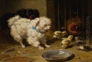 A Bichon Frise And A King Charles Spaniel With A Hen And Her Chicks by Henriette Ronner-Knip