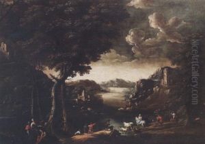 An Extensive River Landscape With Travellers On A Track And Figures Resting By A Pool by Don Giuseppe Ronzelli