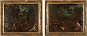 Jules Cesar Se Rendant Aux Lupercales Est Couronne D'un Diademe Par Antoine Et Apotheose De Cesar Sur Le Champs De Mars (pair) by Jacob Ignatius Roore