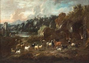 Sudliche Arkadische Landschaft Mit Groser Herde Aus Kuhen, Ziegen Und Schafen by Cajetan Roos