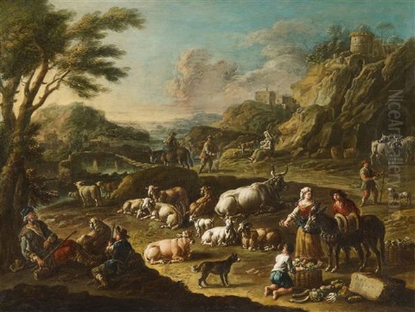 Shepherds And Their Herd In A Mountainous Landscape Shepherds And Their Herd By A River - view 1