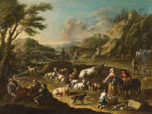 Shepherds And Their Herd In A Mountainous Landscape Shepherds And Their Herd By A River by Cajetan Roos