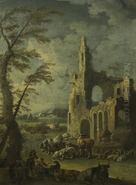 A Cowherd And Shepherdess Resting With Their Livestock Beside Ruins In A Landscape - view 1