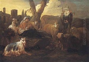 A Drover With Cattle And Sheep In A Landscape by Cajetan Roos