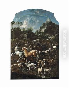 The Animals Of Noah's Ark In A Landscape With Ruins And Palm Trees, The Ark Atop A Mountain Beyond