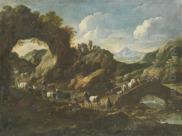A Rocky River Landscape With A Drover And His Flock On A Country Path And Travellers Crossing A Bridge - view 1