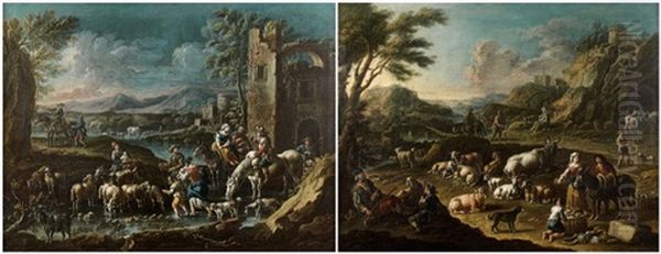 Bergers Et Leur Troupeau Dans Un Paysage Le Depart Pour Le Marche - view 1