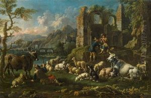 Hirten Mit Herde In Einer Sudlichen Landschaft Mit Ruinen by Cajetan Roos