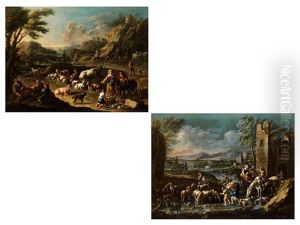Hirten Mit Vieh In Felsiger Landschaft (+ Hirten Mit Vieh In Landschaft Mit Flusslauf Und Ruine ; Pair)