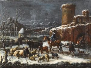 Eine Herde Und Reiter In Einer Winterlandschaft Nahe Einem Dorf by Cajetan Roos