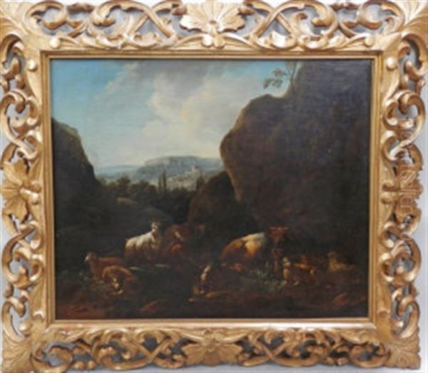 A Herdsman With Sheep And Goats By An Outcrop With A Hilltop Castle Beyond  And A Herdsman Resting With A Cow, Sheep And Goats By An Outcrop (a Pair) - view 1