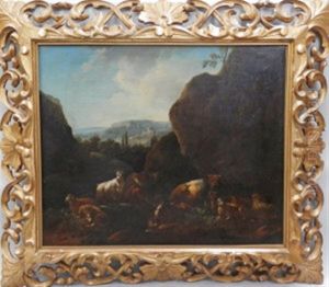 A Herdsman With Sheep And Goats By An Outcrop With A Hilltop Castle Beyond  And A Herdsman Resting With A Cow, Sheep And Goats By An Outcrop (a Pair)