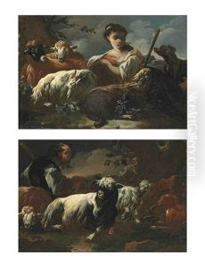 A Herdsman With Goats Resting In A Wooded Landscape (+ A Herdswoman With Goats And A Dog Resting In A Wooded Landscape; Pair) by Cajetan Roos