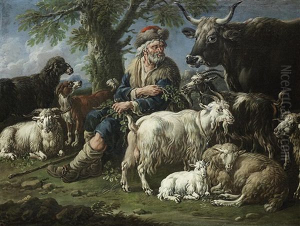 A Shepherd With Goats, A Cow, Sheep And A Dog Seated Before A Tree - view 1