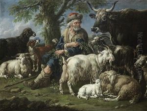 A Shepherd With Goats, A Cow, Sheep And A Dog Seated Before A Tree