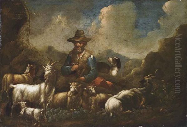 A Herder With Sheep, Goats And A Dog In An Mountainous Landscape - view 1