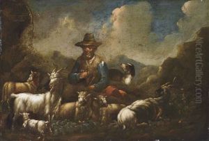 A Herder With Sheep, Goats And A Dog In An Mountainous Landscape