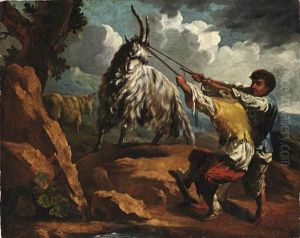 Two Young Men Pulling A Goat by Cajetan Roos