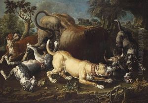 Jagdszene; Bison Der Von Hunden Angegriffen Wird