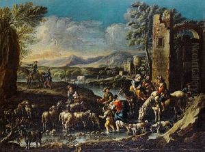 A Cowherd And Shepherds Resting Their Livestock In An Upland Landscape (+ Shepherds Watering Their Livestock In A Stream Beside A Ruin; Pair)