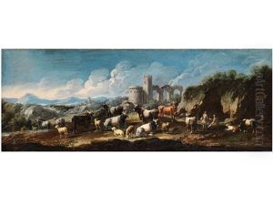 Hirten Mit Einer Rinderherde Und Schafen In Einer Landschaft Vor Einer Burgruine by Cajetan Roos
