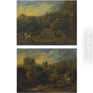 A River Landscape With Herders And Their Cattle Crossing A Bridge (+a Mountainous River Landscape With A Herder And His Cattle Resting In The Foreground; Pair) by Cajetan Roos