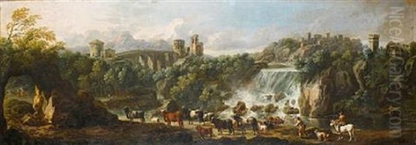 An Italianate Landscape With Drovers Watering Their Cattle, A View To Tivoli Beyond - view 1