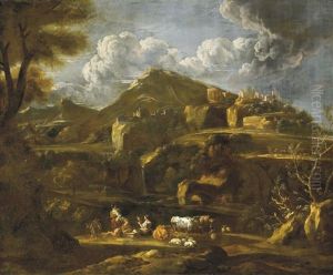 Lagernde Hirtenfamilie In Weiter Sudlicher Gebirgslandschaft