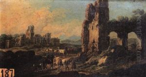 Troupeau, Cavalier Et Patres, Pres De Ruines Romaines (+ Troupeau Et Patre Au Pied D'une Tour Et De Ruines Romaines; 2 Works) by Cajetan Roos