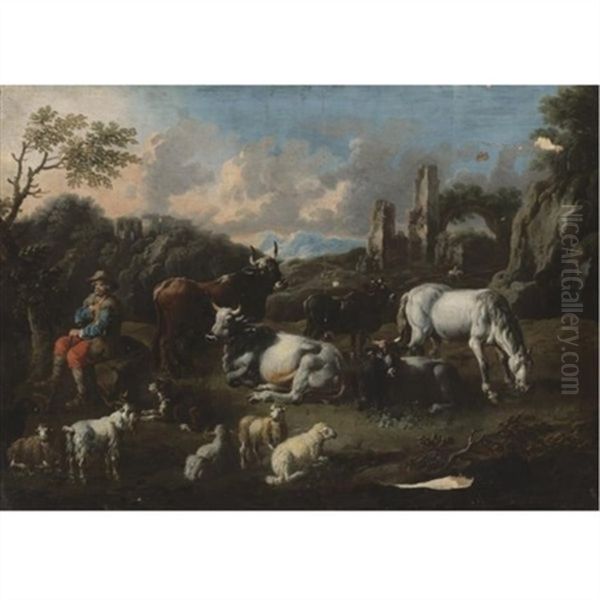 Italianate Landscape With A Herdsman Surrounded By His Cattle - view 1