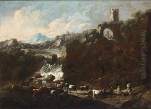An Italianate Rocky River Landscape With A Waterfall And Cowherds With Their Herd