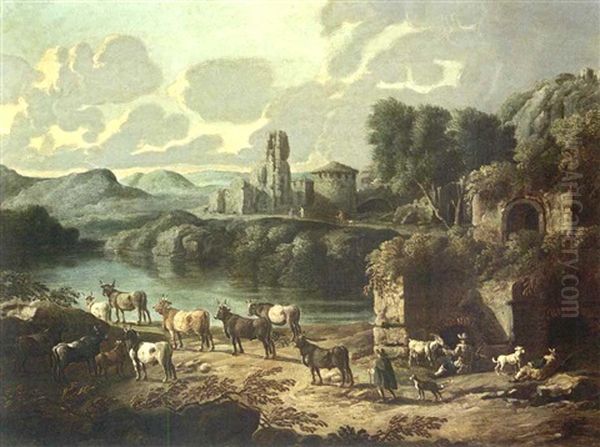 An Italianate River Landscape With Shepherds And Their Flock Resting, The Ruins Of A Town Beyond - view 1