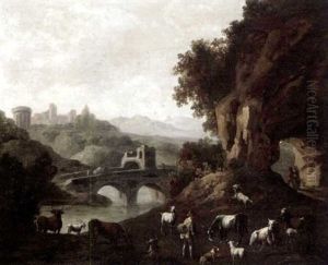 A Mountainous Landscape With A Drover Guarding His Goats, Sheep And Cows By A River by Cajetan Roos