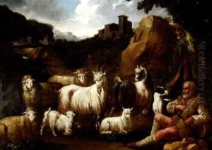 Alter Hirte Mit Seinen Schafen Und Ziegen In Campagnalandschaft by Cajetan Roos
