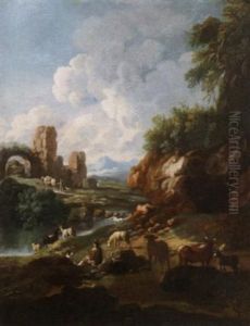 Viehhirten An Gebirgiger Fluslandschaft Mit Ruinen